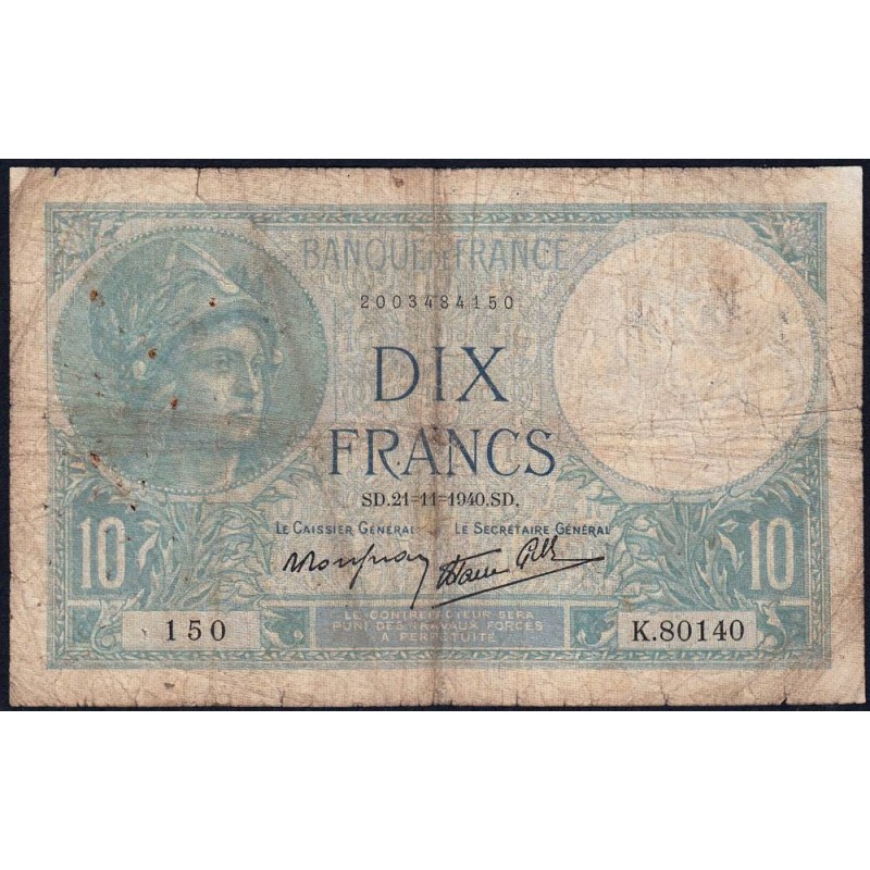 F 07-21 - 21/11/1940 - 10 francs - Minerve modifié - Série K.80140 - Etat : B