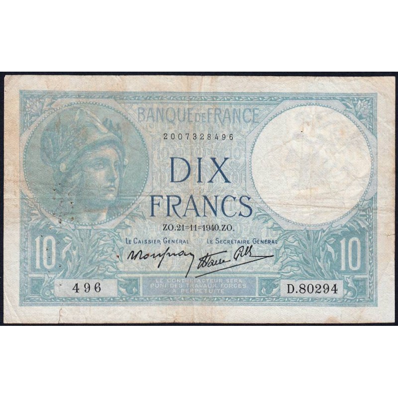 F 07-21 - 21/11/1940 - 10 francs - Minerve modifié - Série D.80294 - Etat : TB