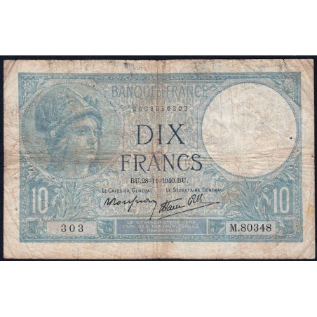 F 07-22 - 28/11/1940 - 10 francs - Minerve modifié - Série M.80348 - Etat : B