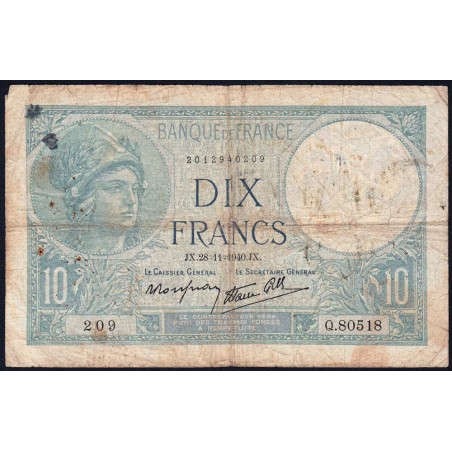 F 07-22 - 28/11/1940 - 10 francs - Minerve modifié - Série Q.80518 - Etat : B