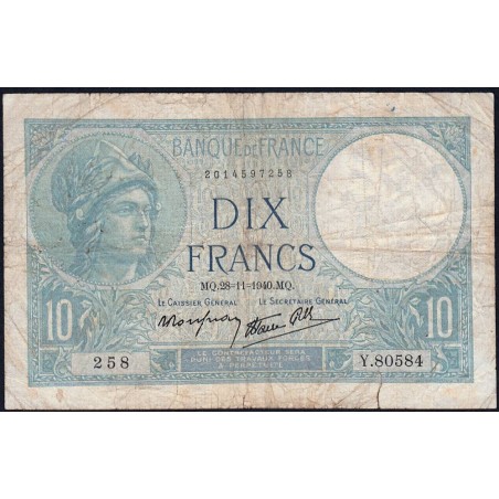 F 07-22 - 28/11/1940 - 10 francs - Minerve modifié - Série Y.80584 - Etat : B