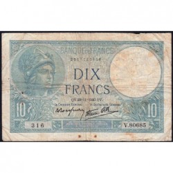 F 07-22 - 28/11/1940 - 10 francs - Minerve modifié - Série V.80685 - Etat : B