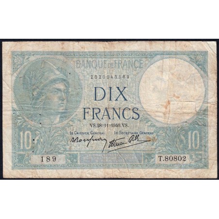 F 07-22 - 28/11/1940 - 10 francs - Minerve modifié - Série T.80802 - Etat : B