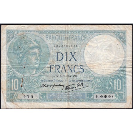 F 07-23 - 05/12/1940 - 10 francs - Minerve modifié - Série F.80940 - Etat : TB-