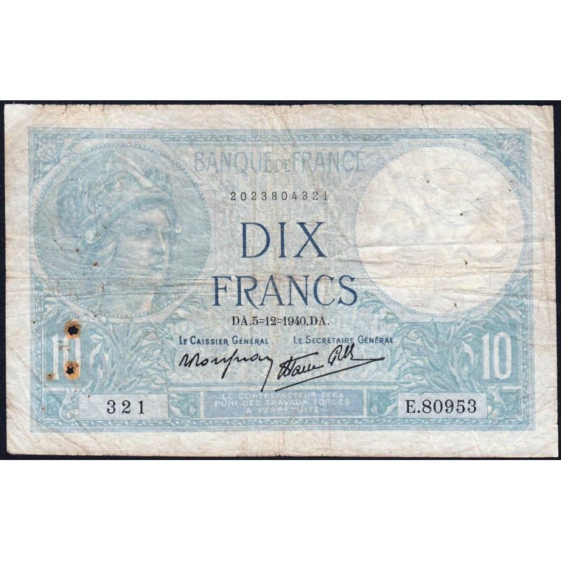 F 07-23 - 05/12/1940 - 10 francs - Minerve modifié - Série E.80953 - Etat : TB-