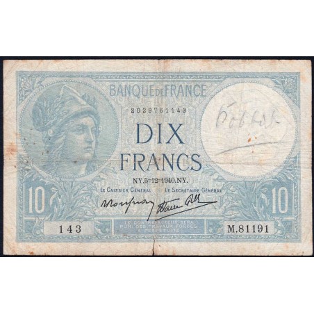 F 07-23 - 05/12/1940 - 10 francs - Minerve modifié - Série M.81191 - Etat : B+