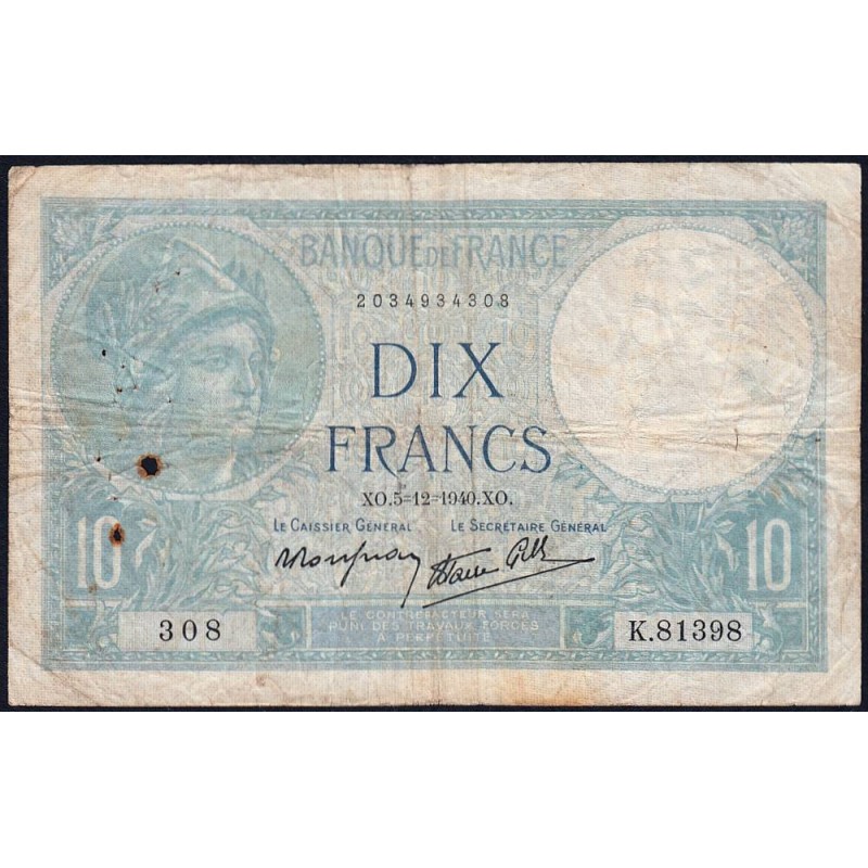 F 07-23 - 05/12/1940 - 10 francs - Minerve modifié - Série K.81398 - Etat : TB-