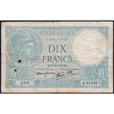 F 07-23 - 05/12/1940 - 10 francs - Minerve modifié - Série K.81398 - Etat : TB-