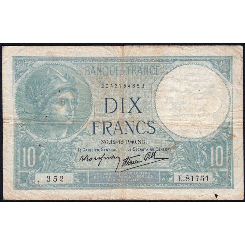 F 07-24 - 12/12/1940 - 10 francs - Minerve modifié - Série E.81751 - Etat : TB-