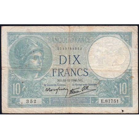 F 07-24 - 12/12/1940 - 10 francs - Minerve modifié - Série E.81751 - Etat : TB-