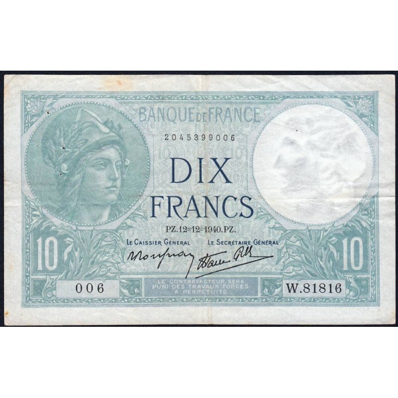 F 07-24 - 12/12/1940 - 10 francs - Minerve modifié - Série W.81816  (remplacement) - Etat : TTB+