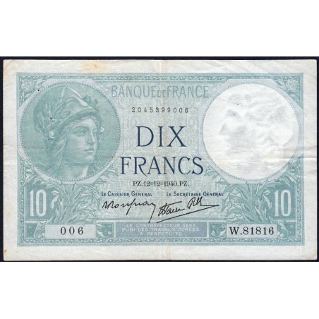 F 07-24 - 12/12/1940 - 10 francs - Minerve modifié - Série W.81816  (remplacement) - Etat : TTB+
