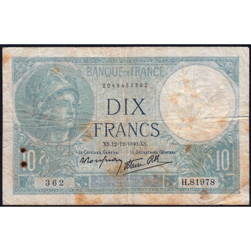 F 07-24 - 12/12/1940 - 10 francs - Minerve modifié - Série H.81978 - Etat : B