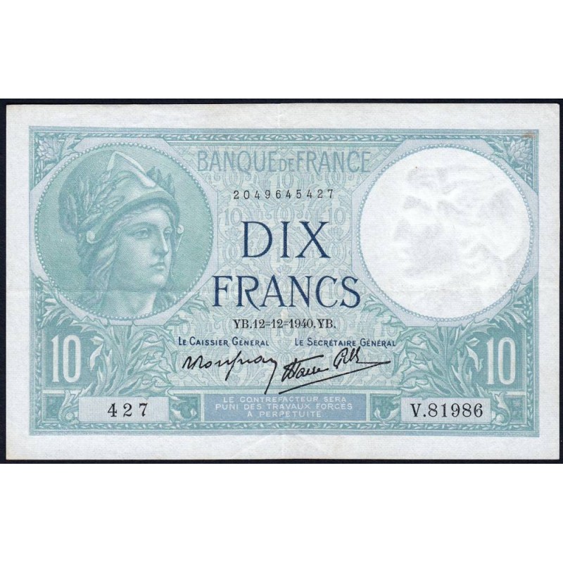 F 07-24 - 12/12/1940 - 10 francs - Minerve modifié - Série V.81986 - Etat : SUP