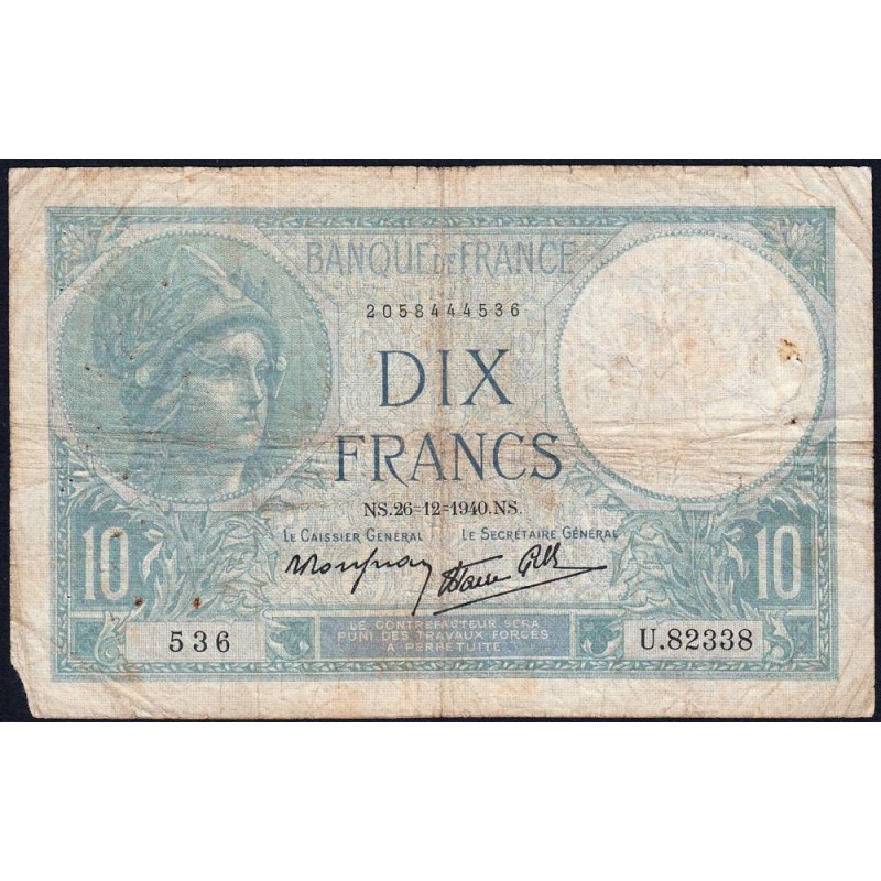 F 07-25 - 26/12/1940 - 10 francs - Minerve modifié - Série U.82338 - Etat : B