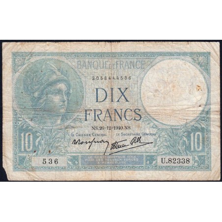 F 07-25 - 26/12/1940 - 10 francs - Minerve modifié - Série U.82338 - Etat : B