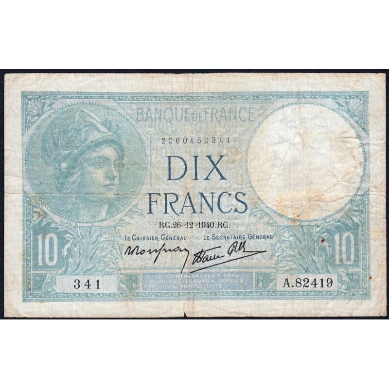 F 07-25 - 26/12/1940 - 10 francs - Minerve modifié - Série A.82419 - Etat : TB-