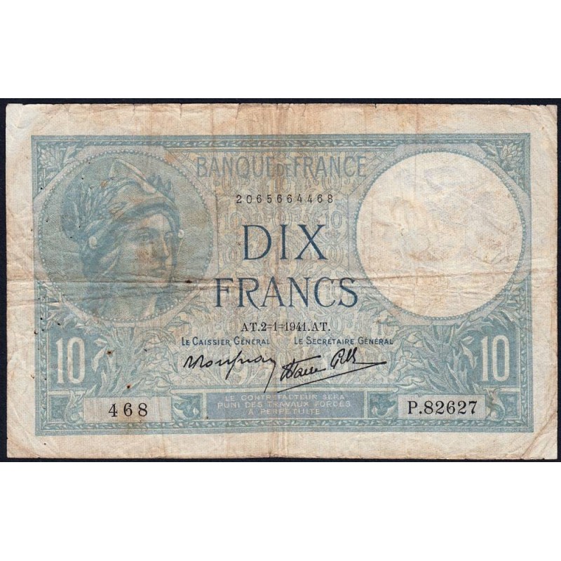 F 07-26 - 02/01/1941 - 10 francs - Minerve modifié - Série P.82627 - Etat : B+
