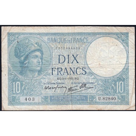 F 07-26 - 02/01/1941 - 10 francs - Minerve modifié - Série U.82840 - Etat : TB-