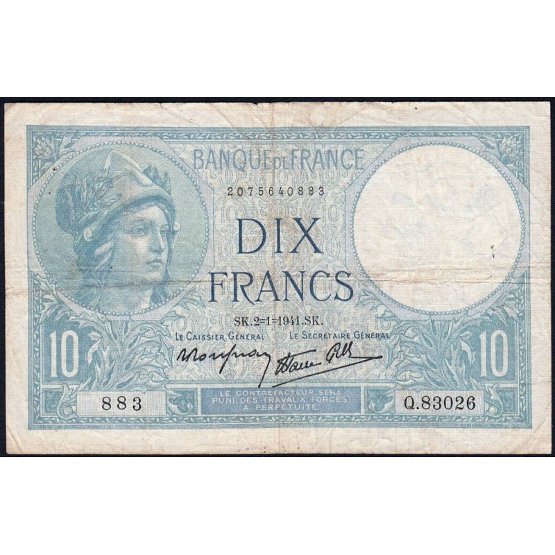 F 07-26 - 02/01/1941 - 10 francs - Minerve modifié - Série Q.83026 - Etat : TB