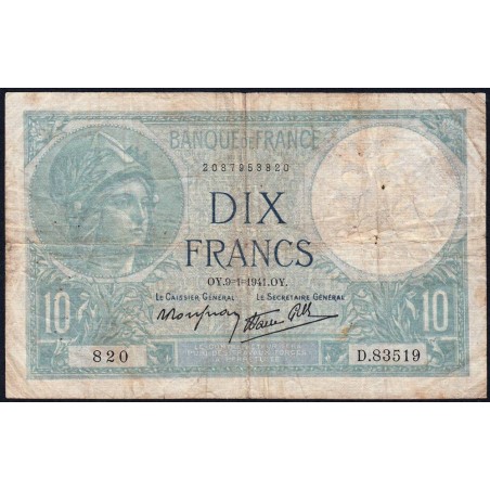 F 07-27 - 09/01/1941 - 10 francs - Minerve modifié - Série D.83519 - Etat : B
