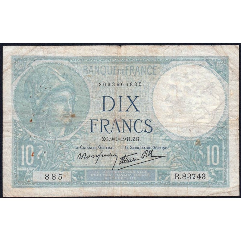 F 07-27 - 09/01/1941 - 10 francs - Minerve modifié - Série R.83743 - Etat : TB-