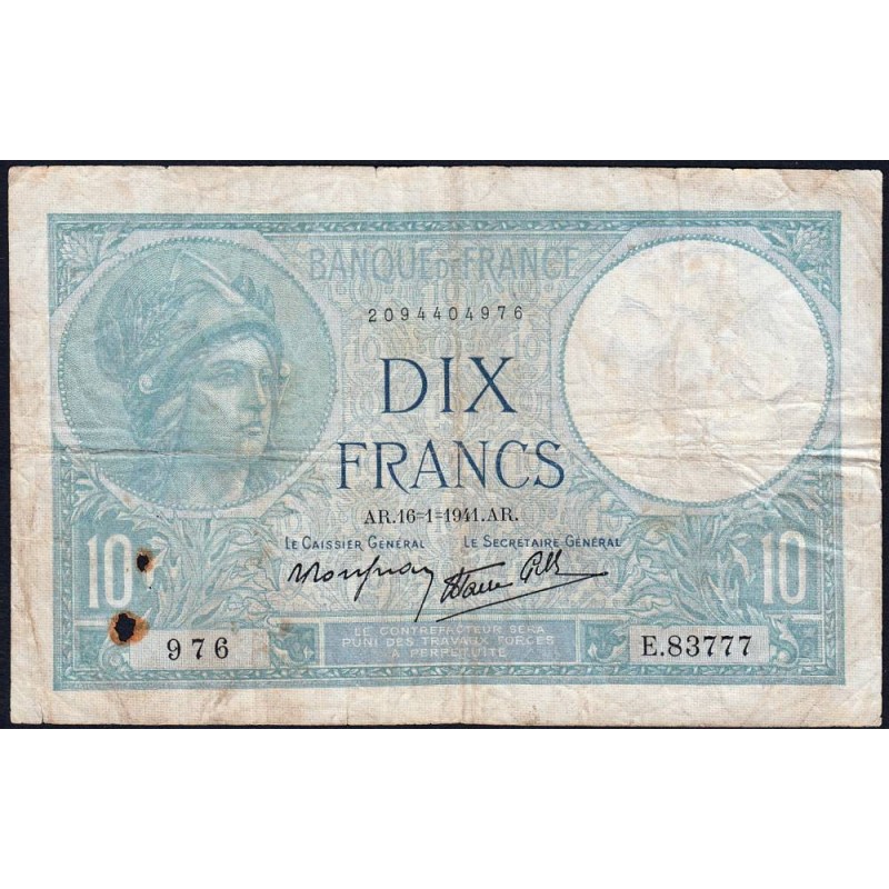 F 07-28 - 16/01/1941 - 10 francs - Minerve modifié - Série E.83777 - Etat : TB-