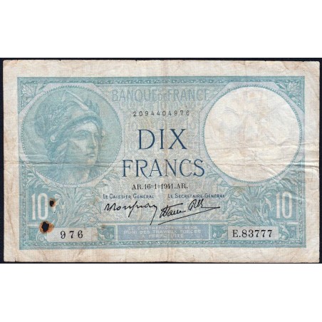 F 07-28 - 16/01/1941 - 10 francs - Minerve modifié - Série E.83777 - Etat : TB-