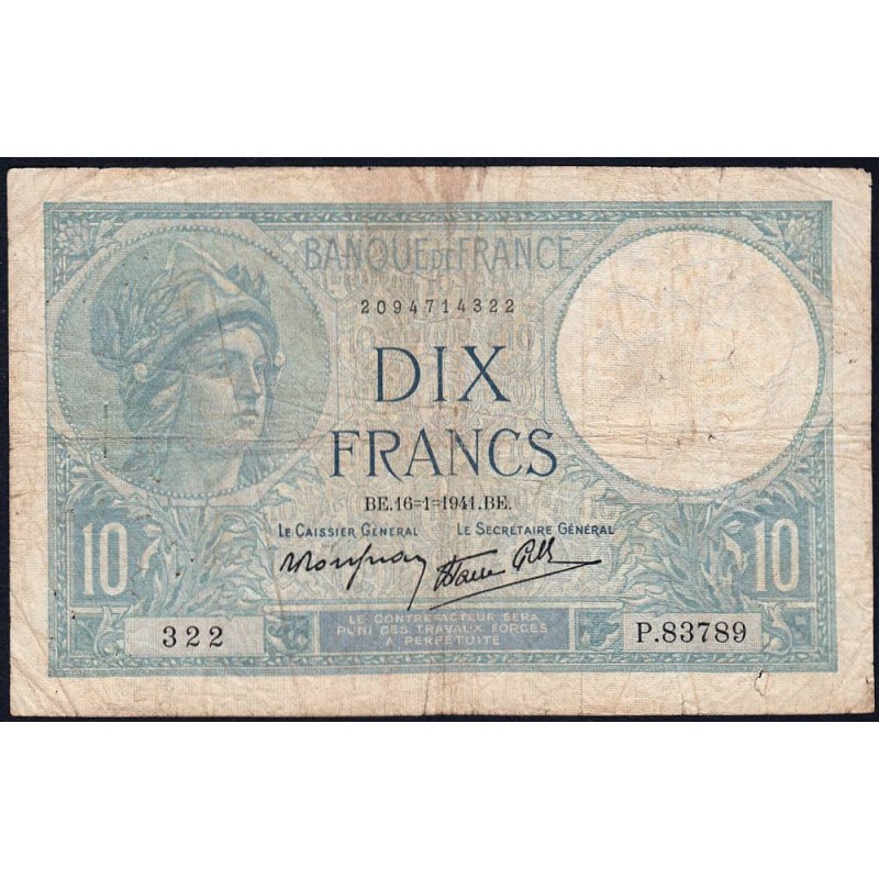 F 07-28 - 16/01/1941 - 10 francs - Minerve modifié - Série P.83789 - Etat : TB-