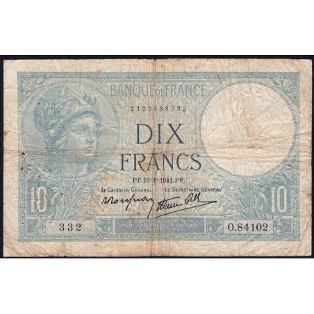 F 07-28 - 16/01/1941 - 10 francs - Minerve modifié - Série O.84102 - Etat : B+