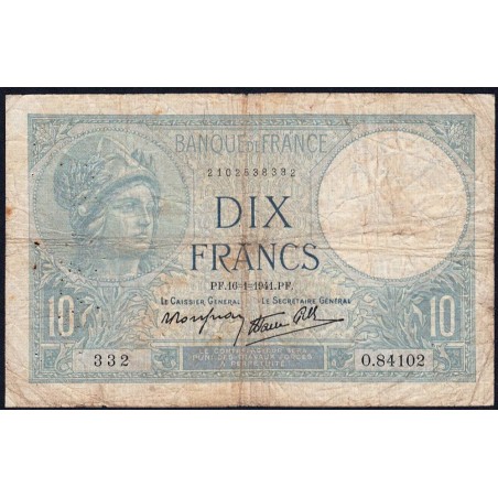 F 07-28 - 16/01/1941 - 10 francs - Minerve modifié - Série O.84102 - Etat : B+