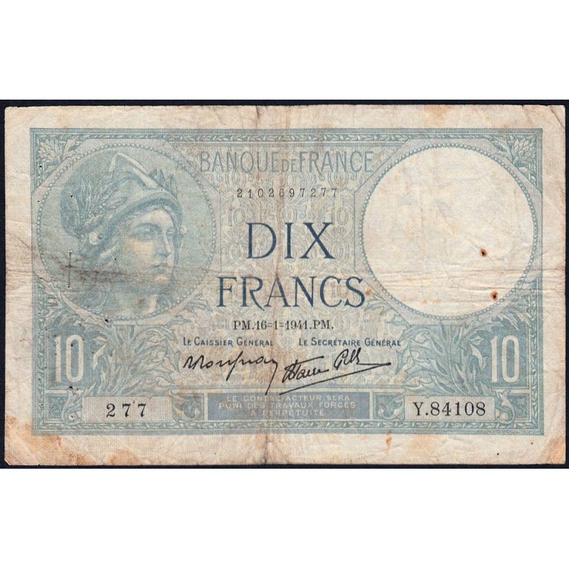 F 07-28 - 16/01/1941 - 10 francs - Minerve modifié - Série Y.84108 - Etat : B