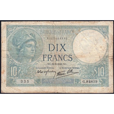 F 07-29 - 19/06/1941 - 10 francs - Minerve modifié - Série G.84819 - Etat : B