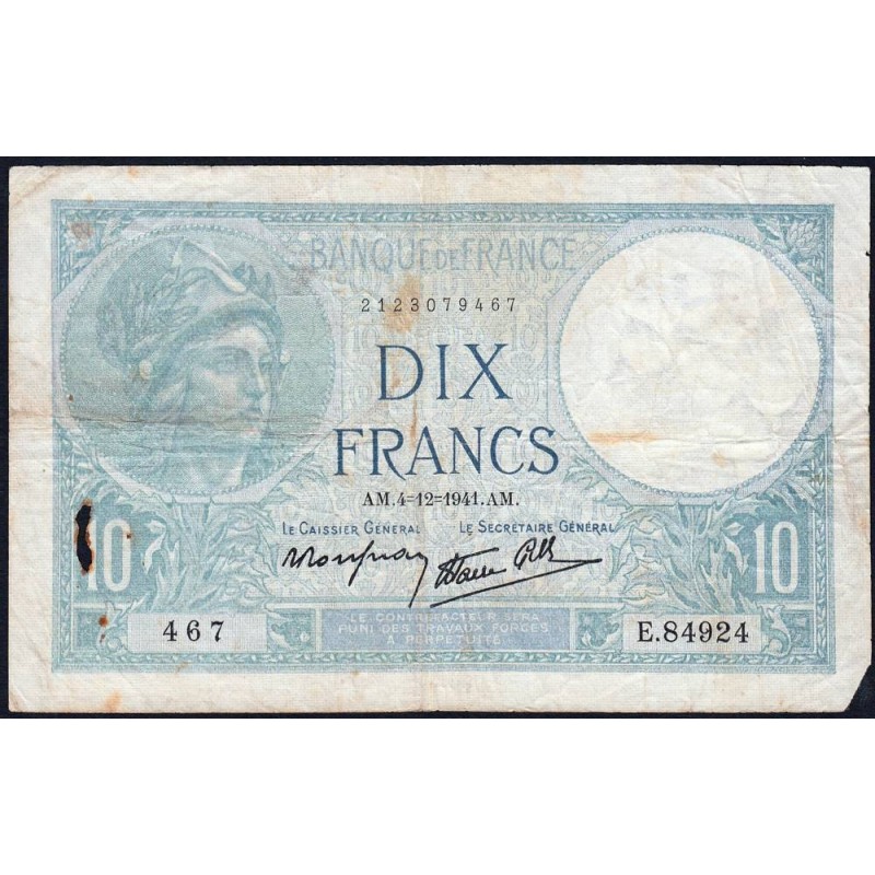 F 07-30 - 04/12/1941 - 10 francs - Minerve modifié - Série E.84834 - Etat : B+