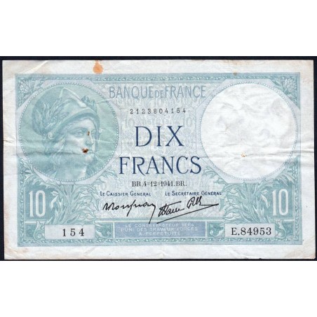 F 07-30 - 04/12/1941 - 10 francs - Minerve modifié - Série E.84953 - Etat : TTB