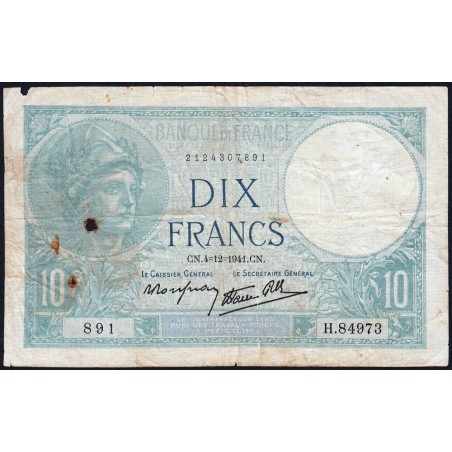 F 07-30 - 04/12/1941 - 10 francs - Minerve modifié - Série H.84973 - Etat : TB+