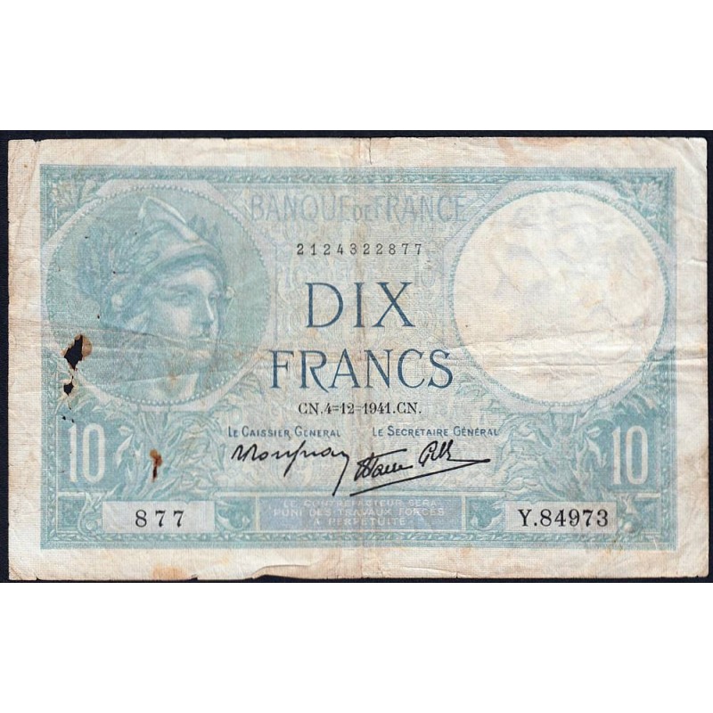 F 07-30 - 04/12/1941 - 10 francs - Minerve modifié - Série Y.84973 - Etat : TB-