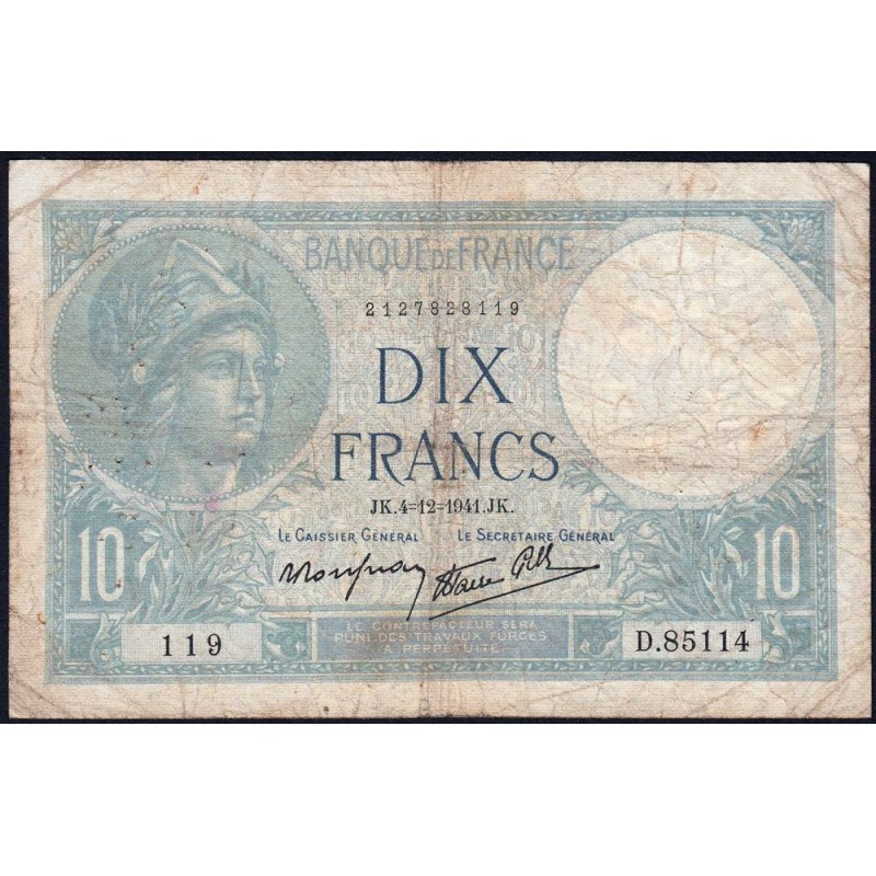 F 07-30 - 04/12/1941 - 10 francs - Minerve modifié - Série D.85114 - Etat : B