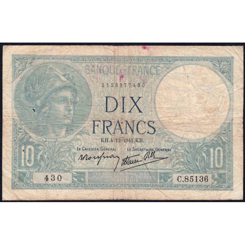 F 07-30 - 04/12/1941 - 10 francs - Minerve modifié - Série C.85136 - Etat : B+