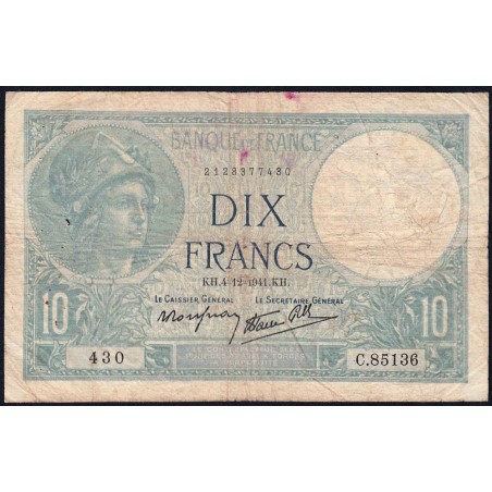 F 07-30 - 04/12/1941 - 10 francs - Minerve modifié - Série C.85136 - Etat : B+