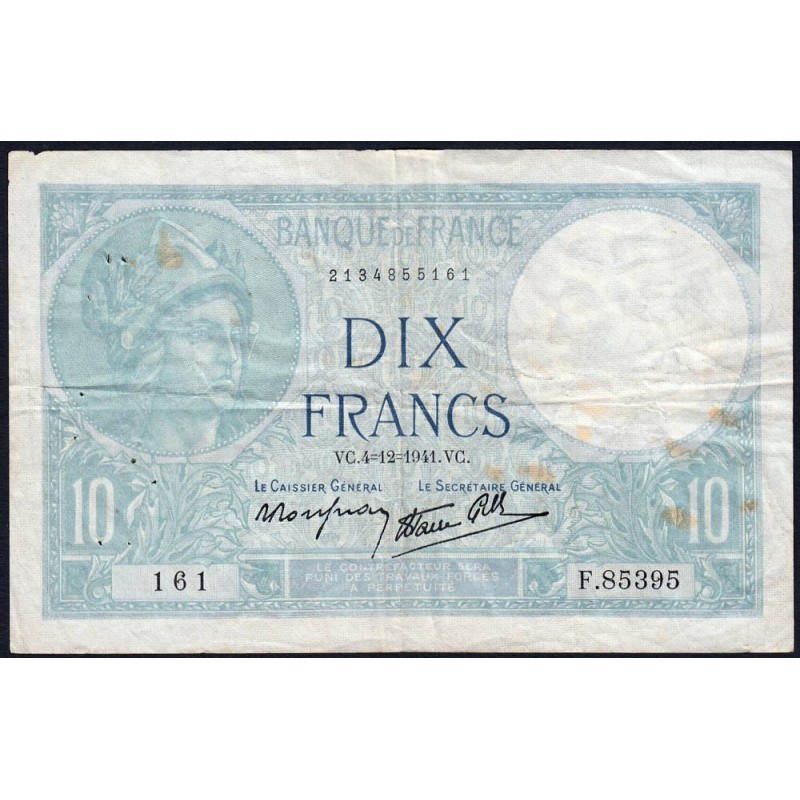 F 07-30 - 04/12/1941 - 10 francs - Minerve modifié - Série F.85395 - Etat : TTB-