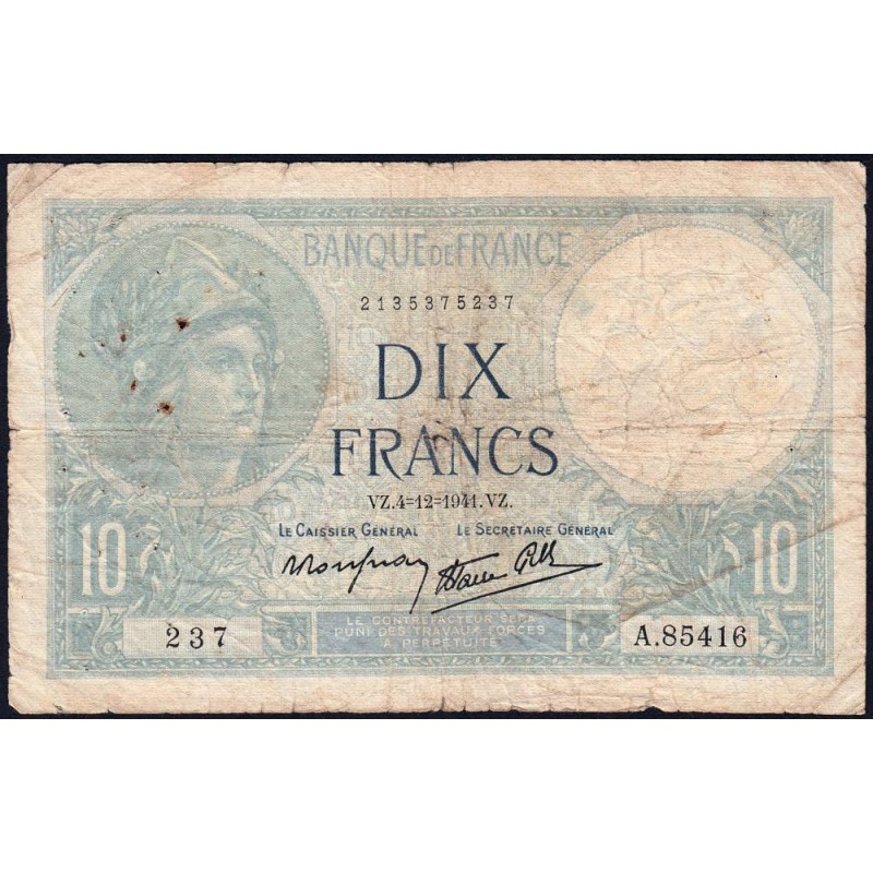 F 07-30 - 04/12/1941 - 10 francs - Minerve modifié - Série A.85416 - Etat : B