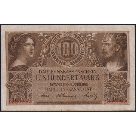 Allemagne - Emission de Kowno (Lituanie) - Pick R 133 - 100 mark - Sans série - 04/04/1918 - Etat : TTB+