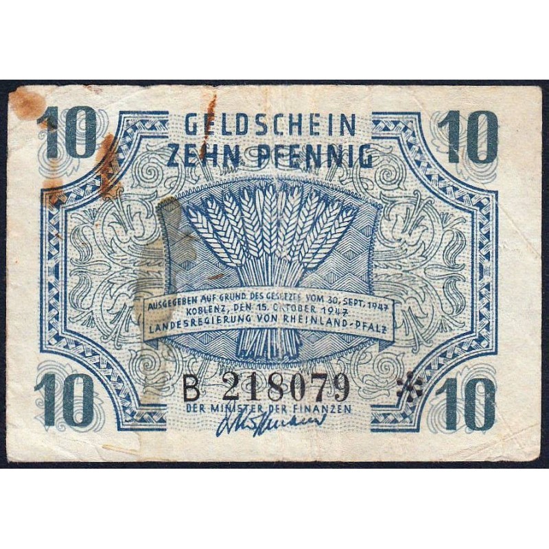 Rhénanie-Palatinat - Occupation Française - Pick S 1005 - 10 pfennig - Série B - 1947 - Etat : TB- à TB