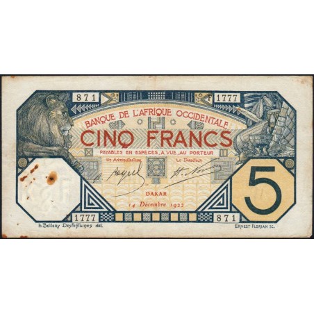 Sénégal - Dakar - Pick 5Bc_1 - 5 francs - Série F.1777 - 14/12/1922 - Etat : TB