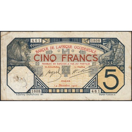 Sénégal - Dakar - Pick 5Bc_1 - 5 francs - Série F.1818 - 14/12/1922 - Etat : TB-