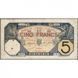 Sénégal - Dakar - Pick 5Bc_1 - 5 francs - Série S.1829 - 14/12/1922 - Etat : TB+