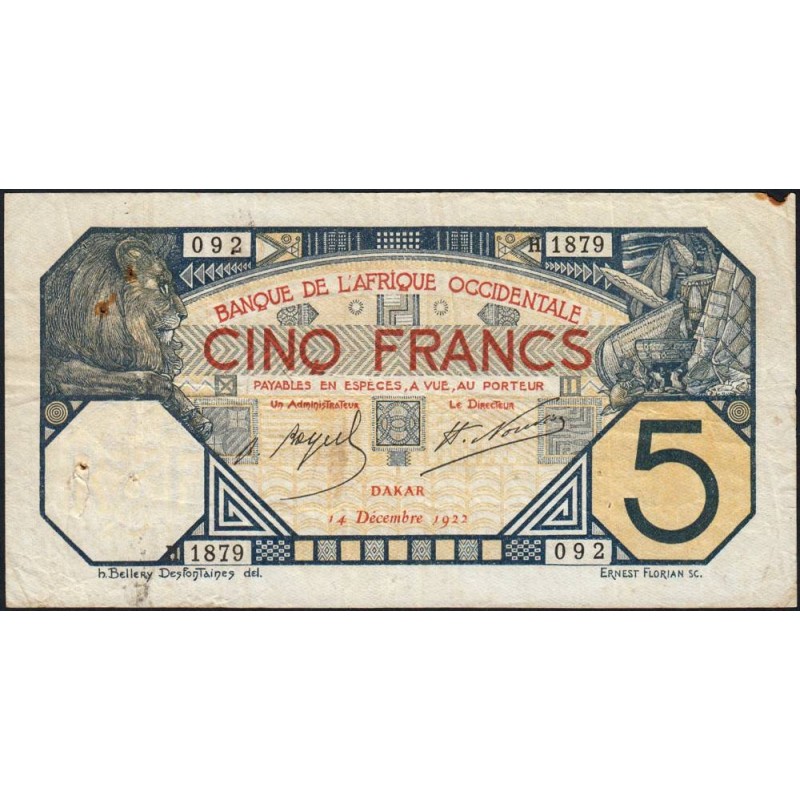 Sénégal - Dakar - Pick 5Bc_1 - 5 francs - Série H.1879 - 14/12/1922 - Etat : TB+