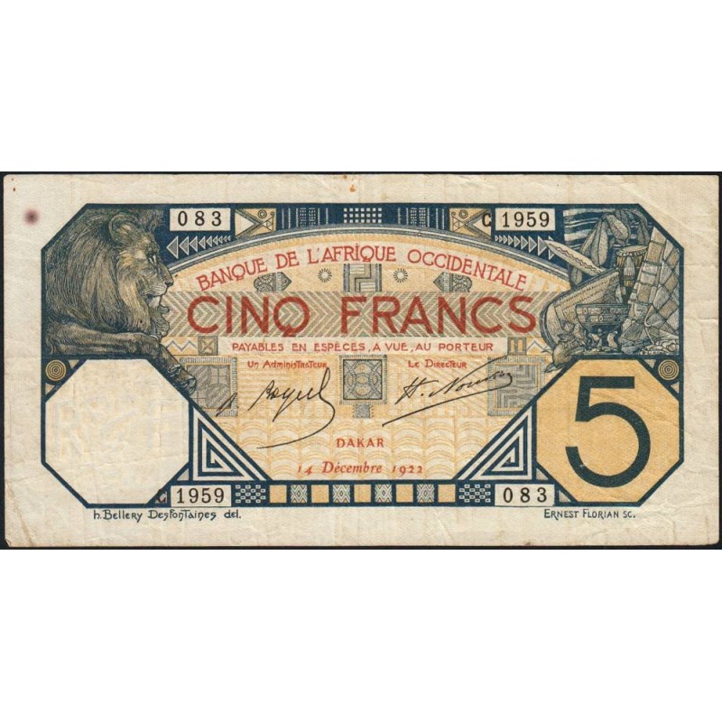 Sénégal - Dakar - Pick 5Bc_1 - 5 francs - Série C.1959 - 14/12/1922 - Etat : TB+