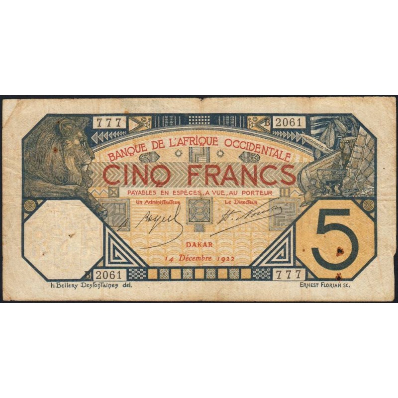 Sénégal - Dakar - Pick 5Bc_1 - 5 francs - Série B.2061 - 14/12/1922 - Etat : TB